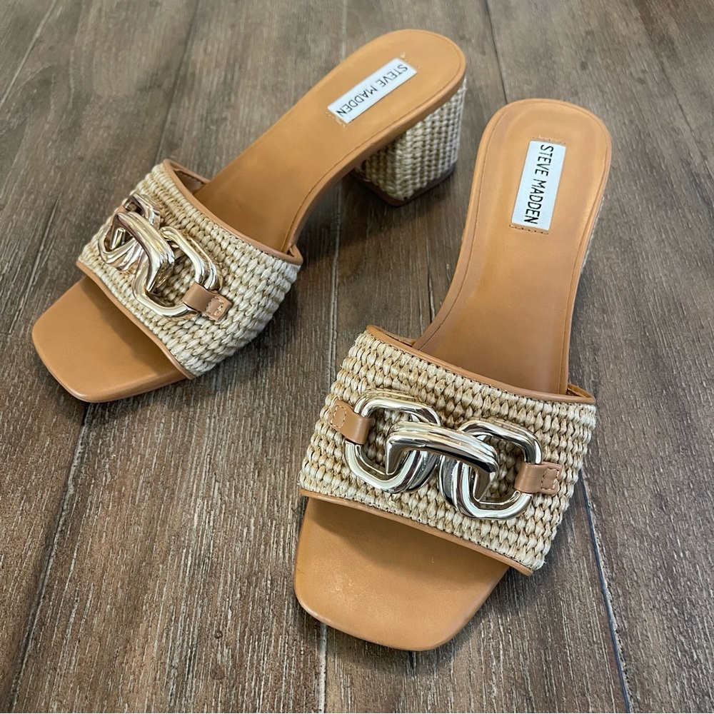 Steve Madden Tan & Natural Woven Block Heel Sandals with Gold Chain